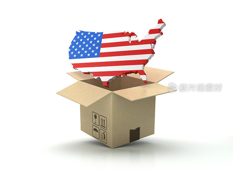 硬纸盒与美国国旗在木地板- 3D渲染